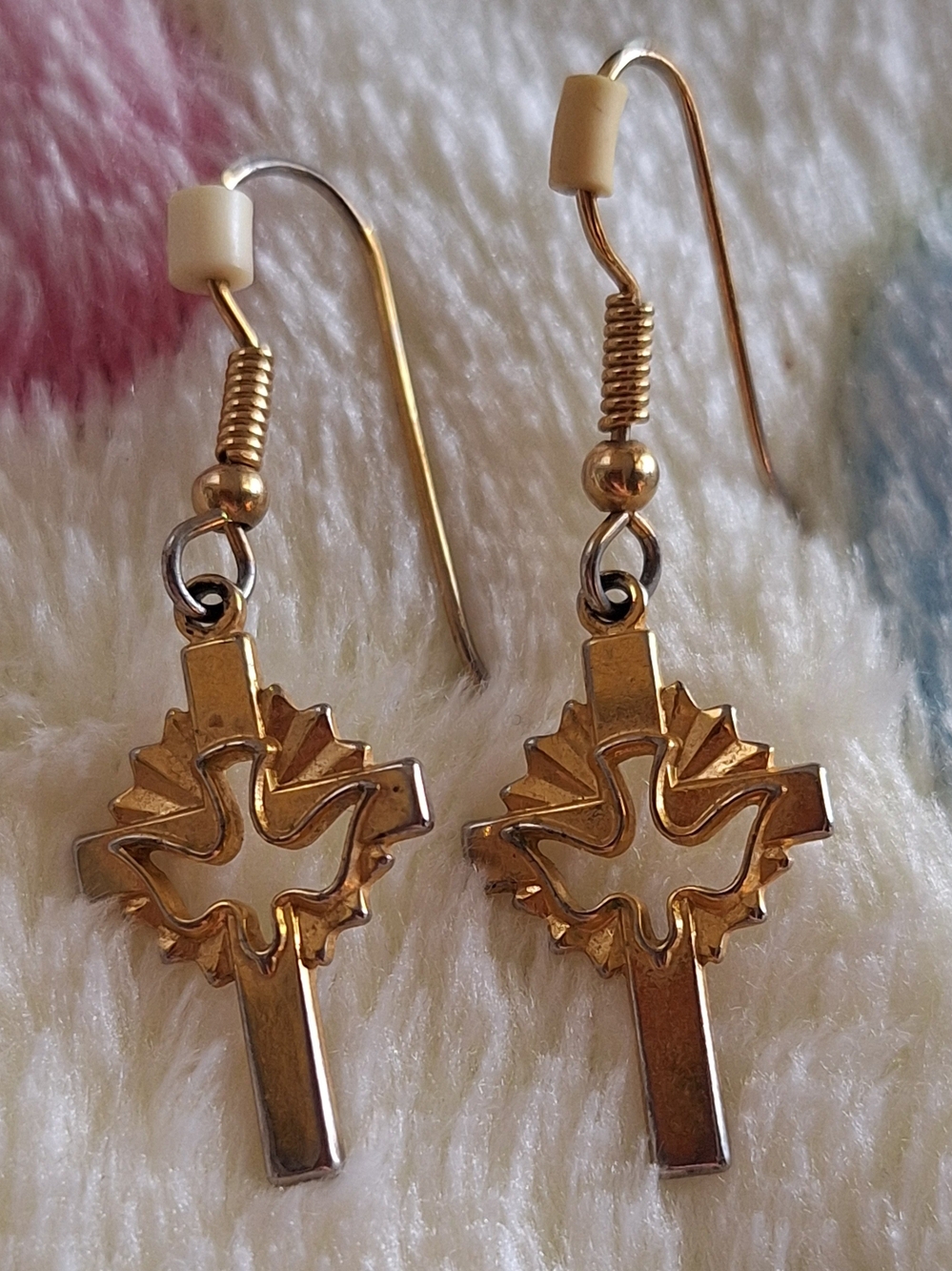 Source Unknown Gold and White Cross Earrings with Dove Motif